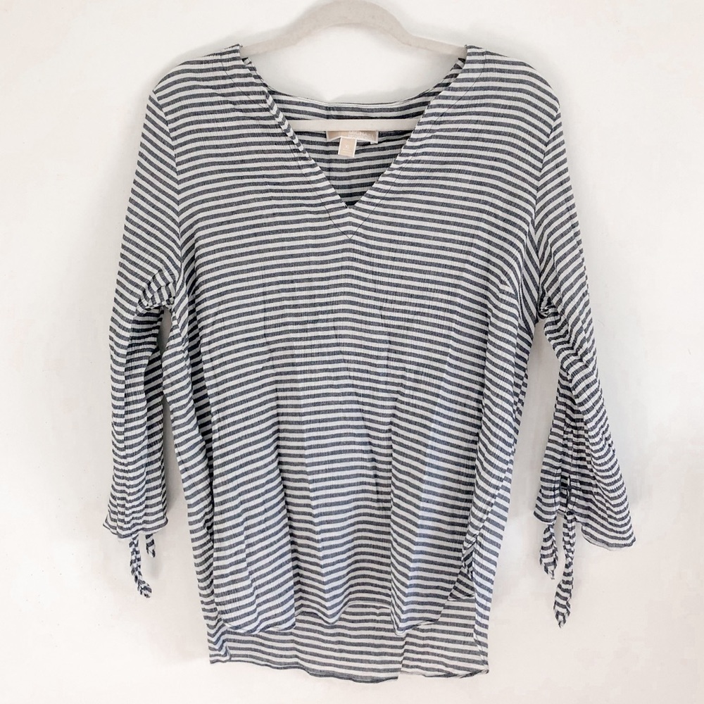 Michael Kors Blue & White Striped V Neck Long Sleeve Blouse
